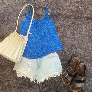 Ruffle neckline spaghetti strap flowy tank top